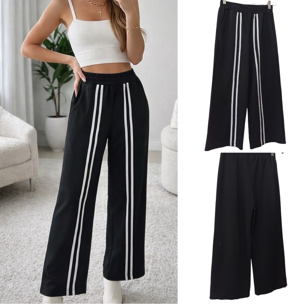 EUC 96% Cotton Black Wide Leg  High Waist Side Stripes Track Pants (size S)